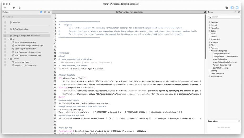 Screenshot of native AI FileMaker scripting available in FileMaker 2024.